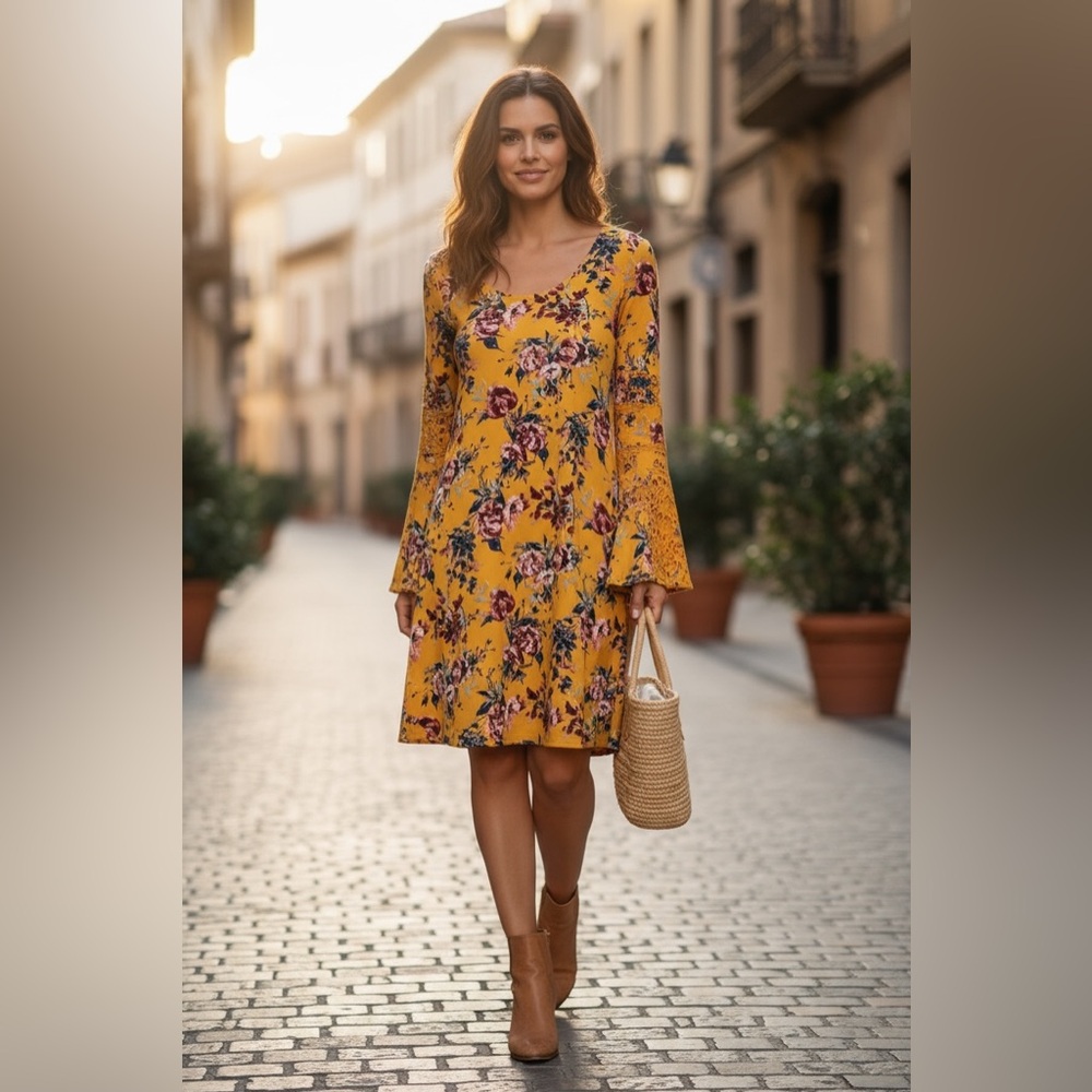 Speechless Women’s Yellow Polyester Loose Fit Long Sleeve Dress Size M